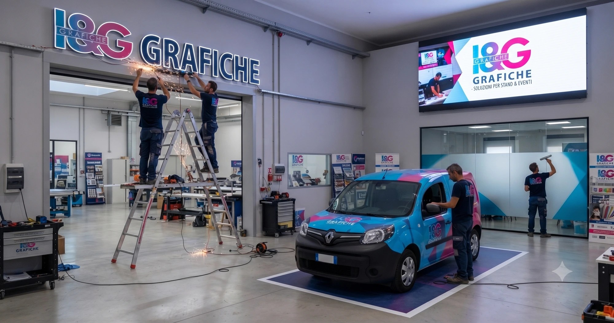 Il laboratorio I&G Grafiche: team al lavoro su insegna, furgone e ledwall
